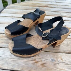 Elegant Black Leather Wooden Mules BJORK Swedish clogs Sandals‎ Peep Toe Size 39